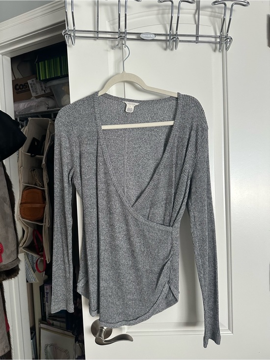 Caslon Tops - Caslon Gray Ribbed Wrap-Front Long Sleeve Top